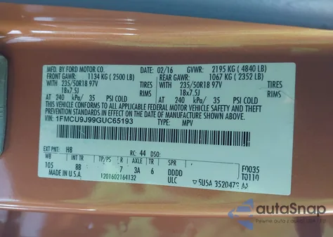 2016 Ford Escape Titanium from USA, damaged, VIN 1FMCU9J99GUC65193